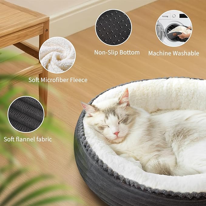 Zerbuger 20in Washable Cat Beds for Indoor Cats - Round Donut Pet Bed for Cats, Small Dogs, Puppy, Kitten - Anti-Slip Bottom, Calming Bed Gift - Dark Grey