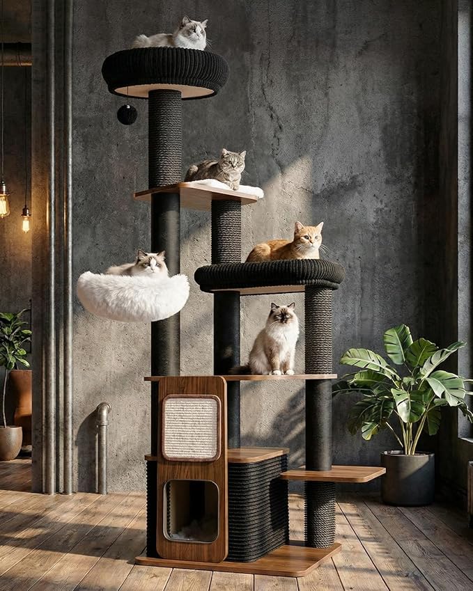 63" Modern Cat Tree Tower for Indoor Cats, Heavy Duty Cat Trees for Large Cat, Adult Maine Coon Cat Tree Tower with Scratching Post, Extra Large Top Perch, Cat Condos (Black)