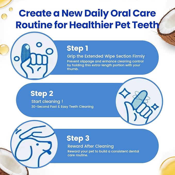 Dog & Cat Tooth Brushing kit - 60Ct Dog Toothbrush & Toothpaste Alternatives, Dental Care Wipes, Heavy Duty Teeth Cleaning, Remove Tartar & Plaque, Breath Freshener (Coconut)