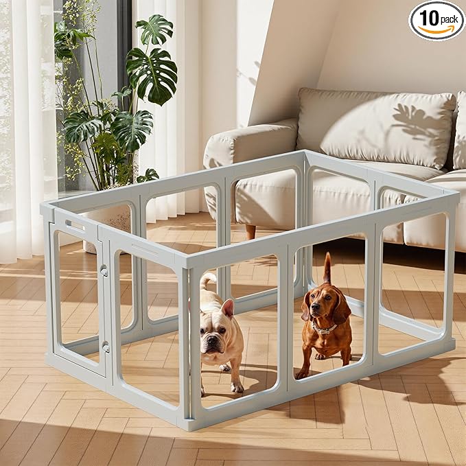 Clear Acrylic Dog Playpen - 50 x 33.4 Inch, 24" H 10 Planes Transparent Dog Fence Indoor, Sturdy Pet Pen for Puppy/Small Dog/Rabbit/Pig, Easy Assemble & Cleaning Plastic Whelping Box Enclosure, Grey