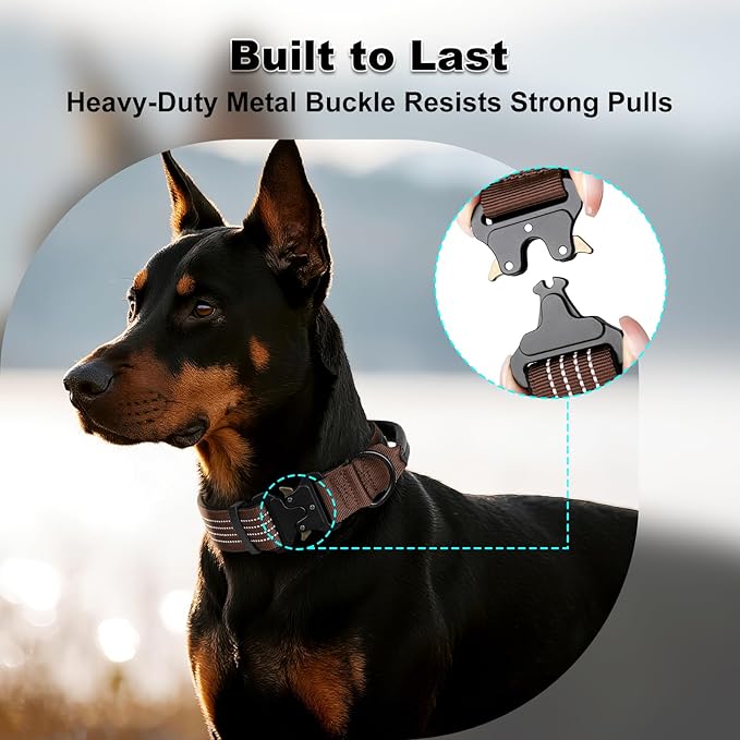 Plutus Pet Tactical Dog Collar with Tracker Pocket for AirTag, Adjustable Reflective Nylon Collar, Metal Buckle, Leather-Wrapped Handle, Soft Padded for Medium Large Dogs (Chocolate, L)