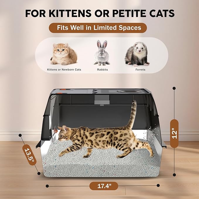 Stainless Steel Litter Box with Lid: Enclosed Cat Litter Box for Small Cats & Kitten, Metal Kitty Litter Pan with High Sided Enclosure, Include Scoop & Mat, Odor Control, Anti-Leakage