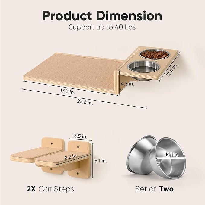 FUKUMARU Cat Wall Shelves, 3 in 1 Cats Walls Furniture Set, Food Station with 2 Steps, Birch Plywood Perch, Suitable for Kitten Play, Nap, Eat, DIY Wall Jungle Gym