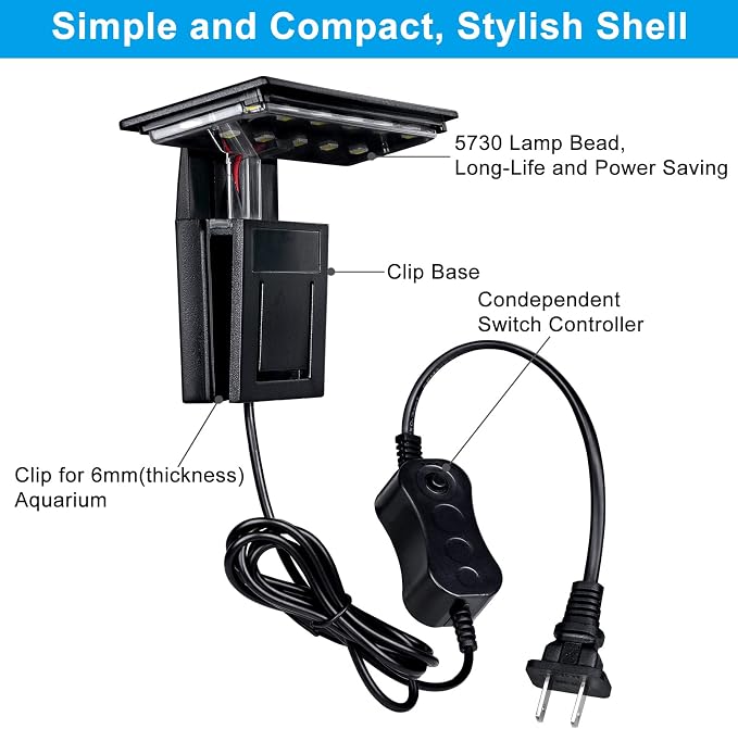 WEAVERBIRD Aquarium Light Fish Tank LED Light 6W 12 LED Planted Clip Lamp for 8-15Inch 6mm Thick Fish Tanks