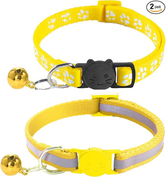 2 Pack Breakaway Cat Collars with Bells, Reflective Design and Claw Print Design, Safety Buckle Kitten Collars Adjustable from 7.5 to 12.5 Inches (Yellow)