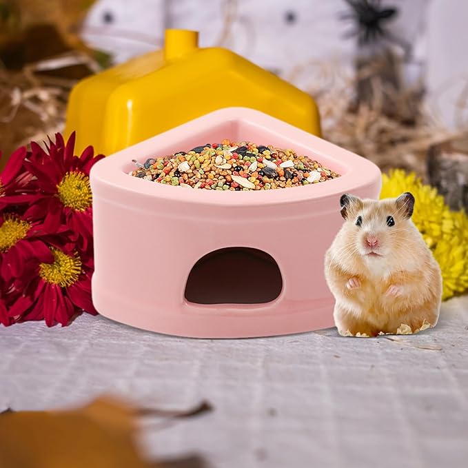 Ceramic Hamster Hideout House - Multifunctional Small Pet Cave with Feeding Bowl, Durable Habitat for Hamsters, Gerbils, Mice, Lemmings, All-Season Pet Bed & Hideaway (A)