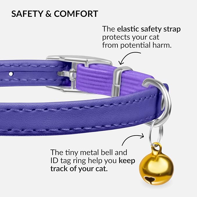 CollarDirect Leather Cat Collar with Removable Bell – Safety Elastic Strap (Breakaway Alternative) – Kitten Collar for Small & Big Boy & Girl Cats