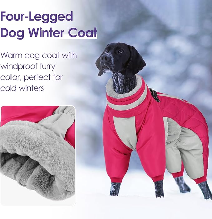 Full Body Dog Coat - Warm Fleece Jacket for Large Dogs, Turtleneck Winter Coats with Harness, Reflective Dog Snowsuit Windproof Puffer Jackets with Legs for Weimaraner, Hot Pink XL
