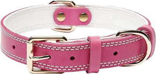 Dog Collar,Genuine Leather Heavy Duty Dog Collar for Small, Medium,Large and Extra Large Dogs (M: 1" Wide for 15.2"-19.2" Neck,Dual Stitch - Pink)