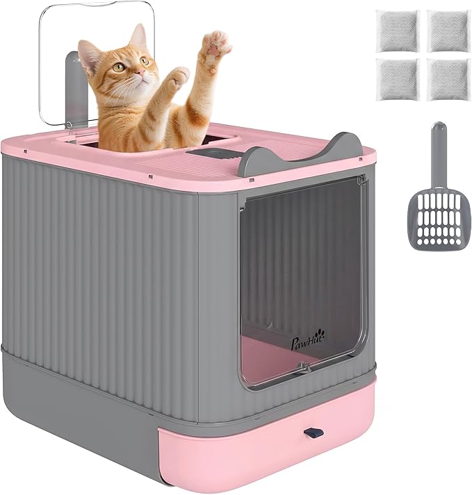 PawHut Cat Litter Box with Lid, Enclosed Litter Box for Medium Cats, Front-Entry and Top-Exit, Scoop, Deodorizer Bag, Easy Clean & Non-Sticky, Anti-Leakage, Pink