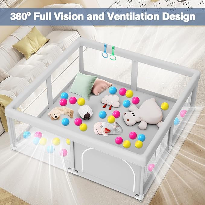 Baby Playpen with Balls and Pull Rings for Babies and Toddlers 50 x 50 inch, Play Yards Indoor, Sturdy Safety Play Pen with Soft Breathable Mesh, Baby Fence