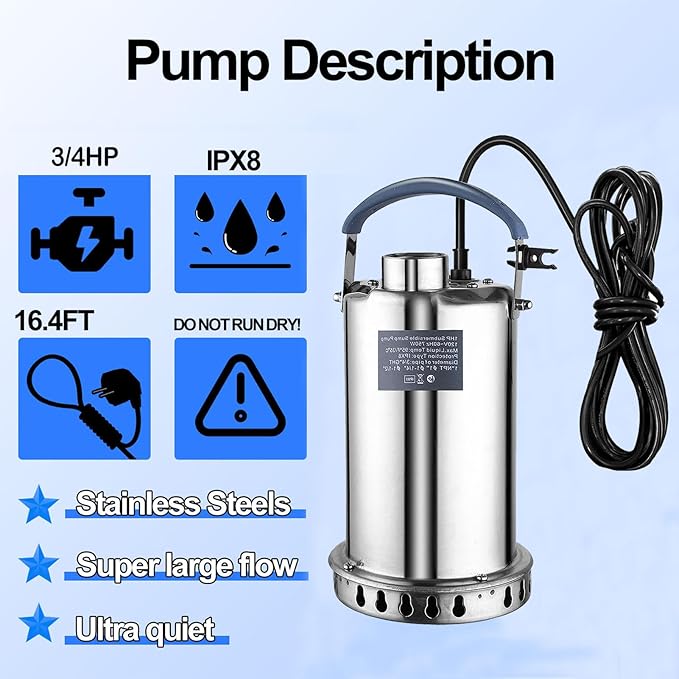 Sump Pump Submersible Water Pump 3/4HP 3500GPH Stainless Steel Portable Water Transfer Pump Electric for Pool Draining Hot Tub Basement Utility Pumps