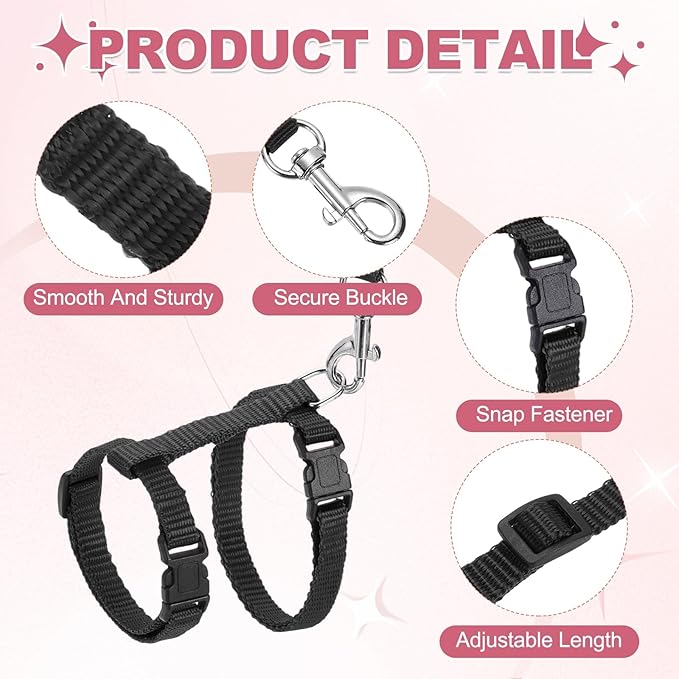 Rabbit Harness and Leash, Escape Proof Bunny Cat Leash Small Animal Harness Soft Adjustable Buckle(2Pcs, Black) for Bunny Kitten Cats Puppies Walking Hiking Training