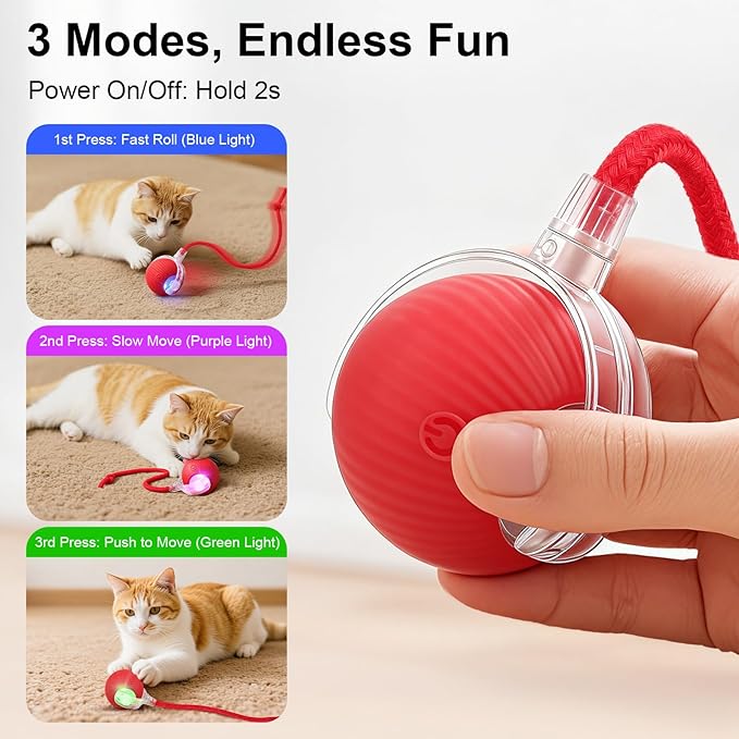 Smart Interactive Automatic Electric Rolling Moving Rechargeable Motion Activated Self Solo Play Electronic Stimulation Chase Teaser Ball Toy with Rope for Indoor Bored Adult Cat and Dog, Pink