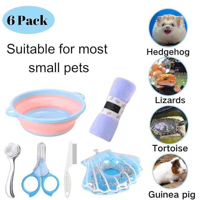 6 Pcs Hedgehog Bath Supplies Kit, Foldable Bathtub and Cleaning Brush with Pet Hair Comb, Pet Nail Clipper, Swimming Ring, Towel for Small Animal Hamster, Bunny, Guinea Pig, Lizards, Turtle