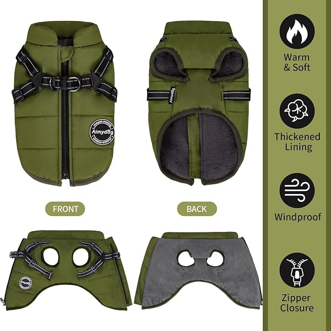 Warm Dog Winter Coat, Cold Weather Jacket with Built-in Harness, Reflective & Adjustable Comfortable Pet Vest, Windproof Apparel for Small Medium Large Dogs (Green)
