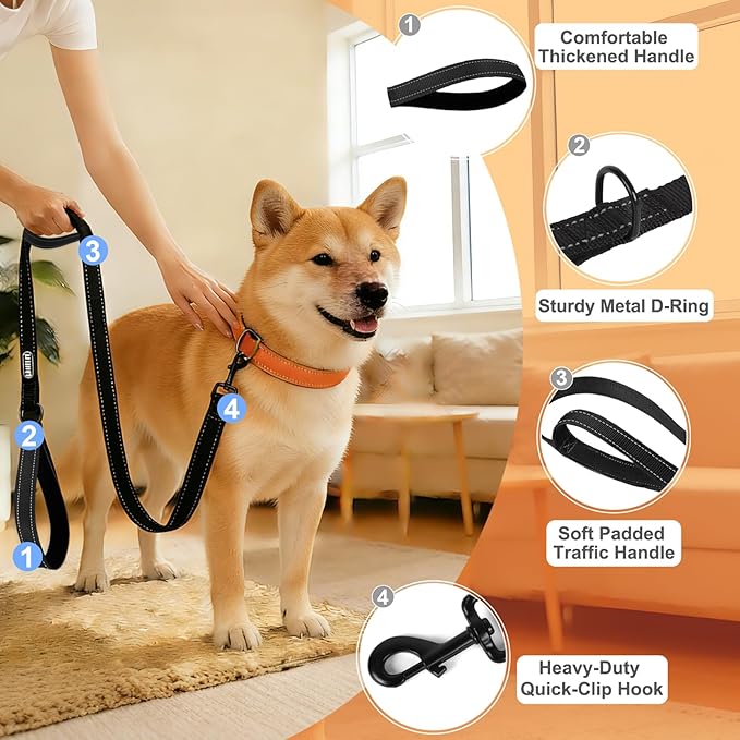 6 FT Heavy Duty Dog Leash with 2 Comfortable Padded Handles, Traffic Handle Extra Control, Highly Reflective Threads Leash for Small/Medium/Large Dogs (Black)
