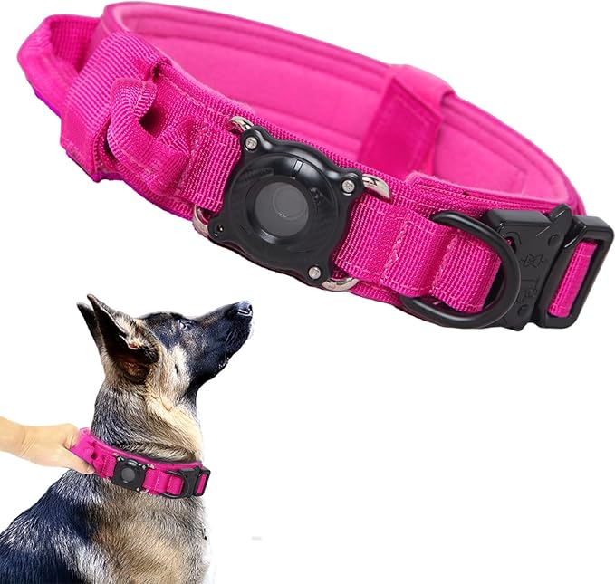 Upgraded AirTag Dog Collar,Waterproof Tactical Dog Collar with AirTag Holder, Control Handle and Metal Buckle,Heavy Duty Dog Collars for Large Dogs (Rose Red，XXL