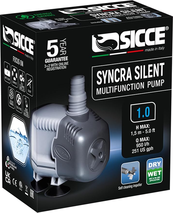 SICCE Syncra Silent 1.0 Multifunction 251 GPH Submersible Water Pump | Italian Made 16W Ultra Quiet Durable Aquarium Fish Tank, Fountain, Pond, Hydroponics, Terrarium Black | Freshwater & Saltwater