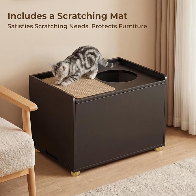 Amunrbrek Top Entry Litter Box Enclosure, Flip Top Cat Litter Box Furniture with Scratch Mat, Stylish Hidden Cat Washroom for Large Cats (Black)