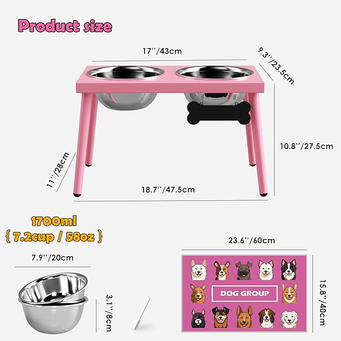 Adjustable Elevated Dog Bowl Stand with Slow Feeder, 2 x 58oz Stainless Steel Bowls, Raised Food and Water Holder for Medium and Large Dogs, Pink