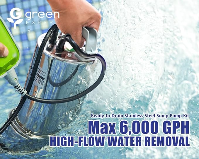 Green Expert 1.5HP Submersible Sump Pump Kit with 25 ft Lay-Flat Discharge Hose, 6000 GPH 304 Stainless Steel Water Removal Pump with Tethered Float Switch for Basement, Sump Pit & Pool Drainage