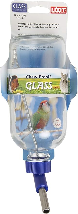 Lixit Glass Water Bottles for Rabbits, Ferrets, Small Birds, Guinea Pigs, Rats, Hamsters and Other Pets (16oz)