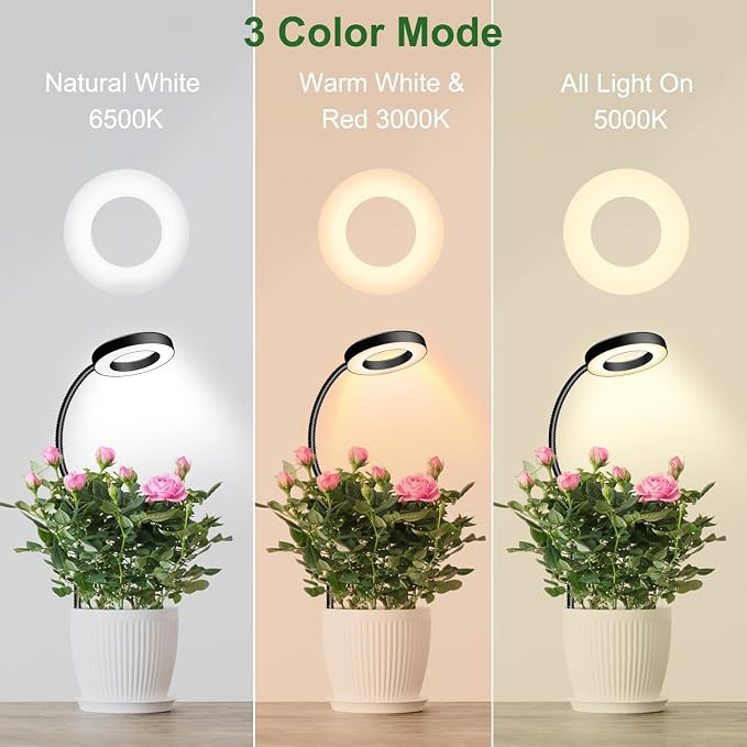 2 in 1 Grow Lights for Indoor Plants, 3 Colors Plant Grow Lights | Plant Lights Indoor Growing with 360° Gooseneck, 48 LEDs Full Spectrum Grow Light, 6/12/16H Timer, 5 Brightness, Black 1 Pack
