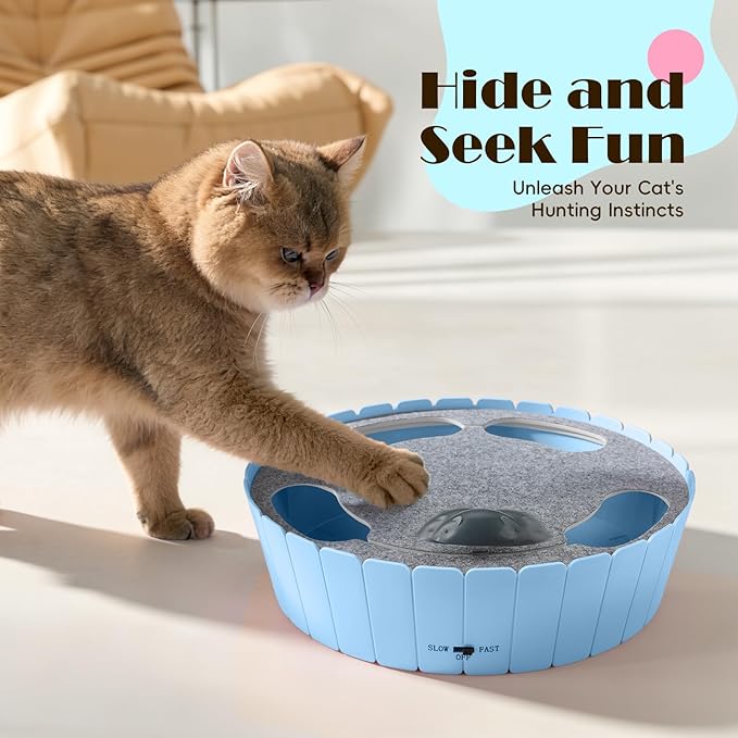 Pawaboo Interactive Cat Toy with Running Mouse, Electronic Motion Cat Toy Automatic Teaser for Indoor Cats, Pop and Play Hide Seek Cats Toys Hunting Mouse for Pet Kitten Play Fun Exercise, Blue