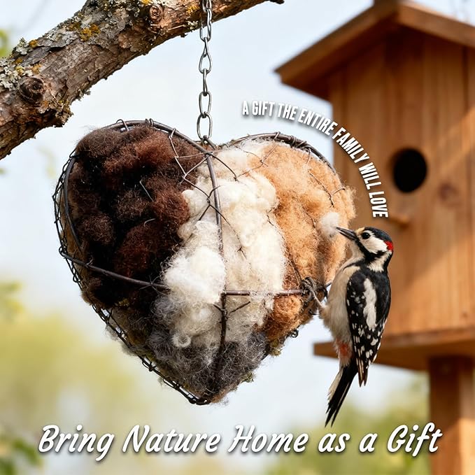 Handmade Fiber Bird Nesting Heart, Alpaca Wool Bird Nest for Outdoor Hanging, Natural Warm Hummingbird House Alternative, Bird Accessories for Garden Trees, Bird Houses for Outside(2Set)