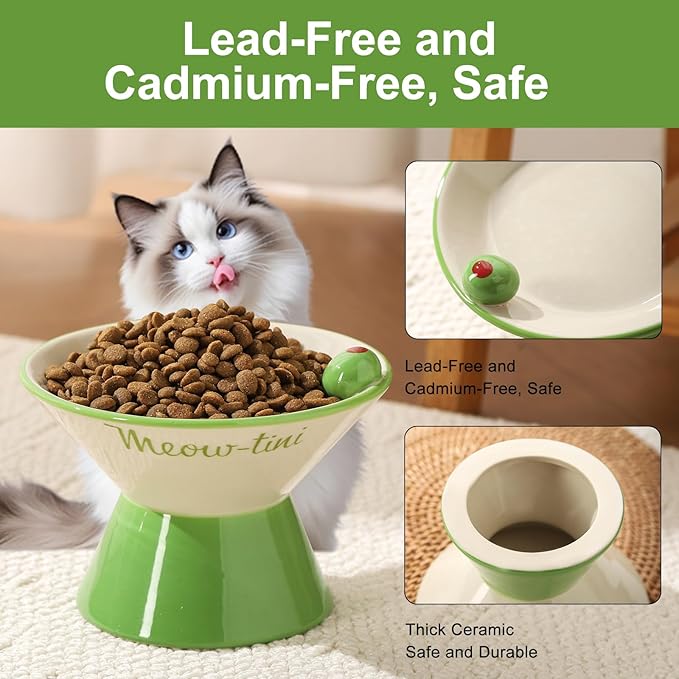 Elevated Cat Bowls Whisker Friendly. Ceramic Raised Whisker Fatigue Cat Bowl for Indoor Cats Protect The Spine and Prevent Vomiting,Meowtini Cat Bowl. KGCCIZI