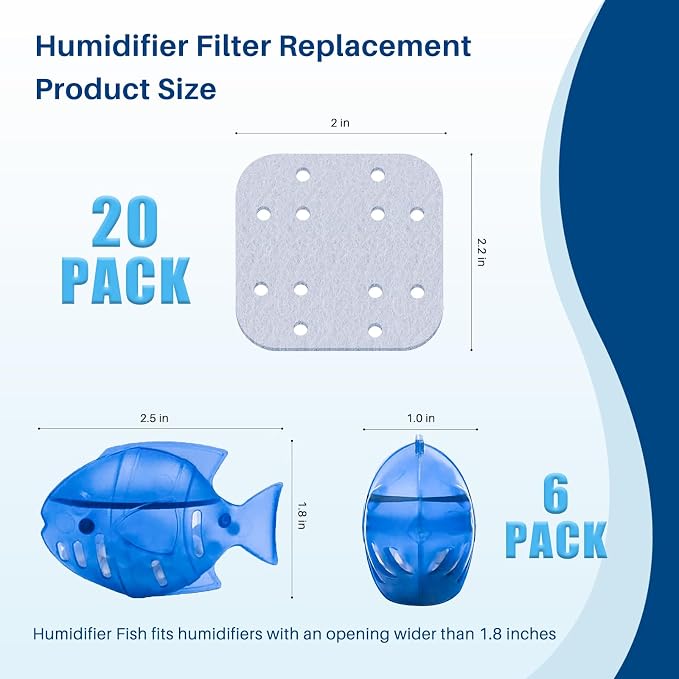 Top Fill Humidifier Filter Replacement for LEVOIT Classic160, Dual150 | LV600S,Classic300(S), OasisMist 450S, Superior6000S Series Humidifiers to improve Humidification- 20 Filters + 6 Fishs