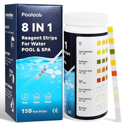 Pooloob 8-in-1 Pool and Spa Test Strips, 150 Count Water Testing Kit for Saltwater & Chlorine Pools - Tests pH, Salt, Free Chlorine, Bromine, Alkalinity, Hardness, Cyanuric Acid & Total Chlorine