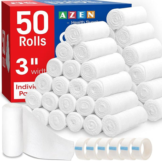 AZEN 50 Pack Gauze Rolls Bandages, 3 in x 4.1 Yards, Premium Medical Supplies & First Aid Supplies, Bandage Wrap Vet Wrap