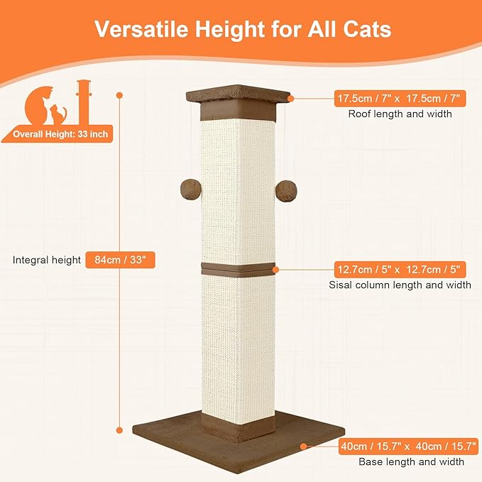 SOCATER Cat Scratching Post 33 Inch Nature Sisal Cat Scratch Post for Indoor Cats, Large Cat Scratcher Protect Your Furniture, for All Breeds Brown