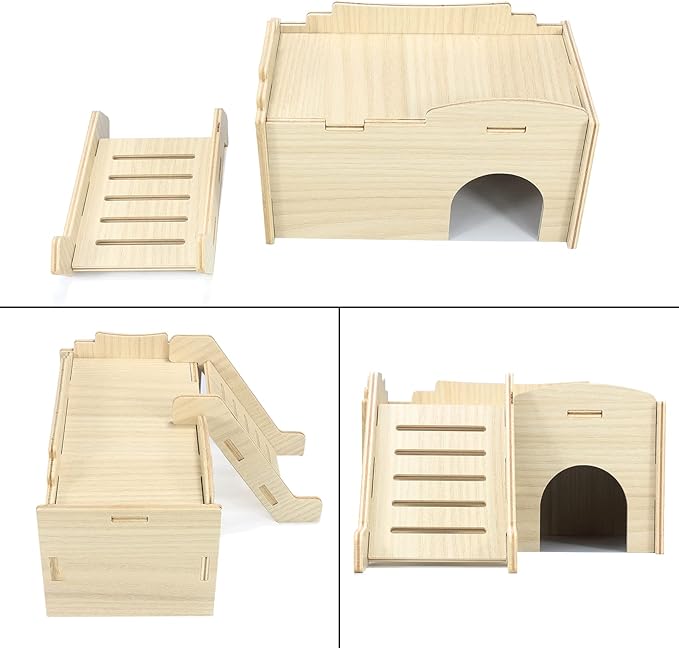 Syrian Hamster Hide with Wooden House, Climbing Ladder and Window, Detachable Hut Play/Chew/Hide