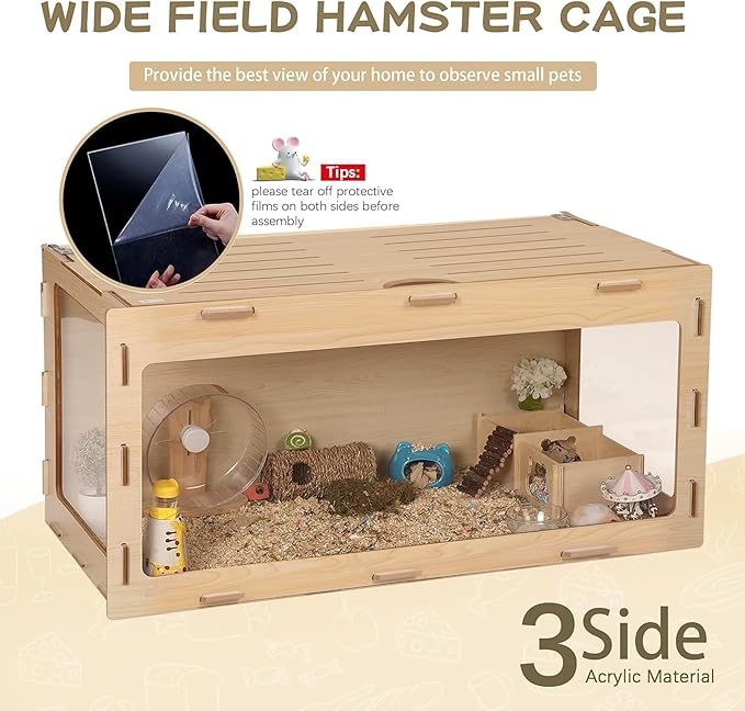 COZIWOW Hamster Cage 32", Large Wooden 270° Panoramic View Chewproof Habitat, Bigger World Small Animal House with Openable Top & Acrylic Panels for Syrian, Dwarf Hamsters, Gerbils