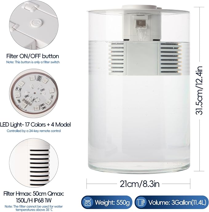 3 Gallon Self Cleaning Fish Tank, Aquarium Starter Kit for Betta, Shrimp & Small Fish, Nano Aquarium with Filter and Light (17 Color Choices),360 View for Small Fish, for Home, Office Best Gifts