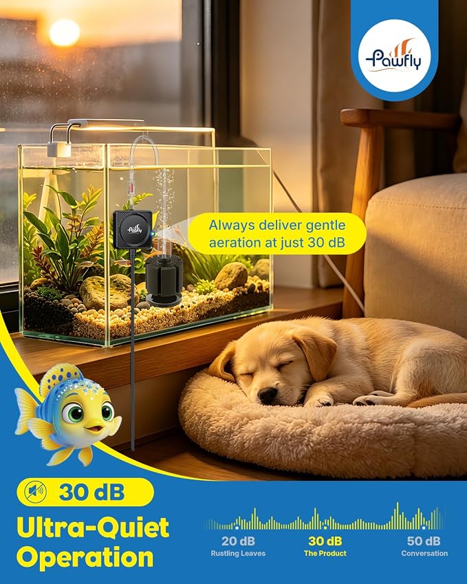 Pawfly 27 L/h Aquarium Air Pump, Mini Air Pump for 1-15 Gallon Fish Tanks | 1.3 W Ultra Quiet Portable Fish Tank Air Pump Oxygen Aerator Kit with Mini Sponge Filter Air Tubing Air Stone Check Valve