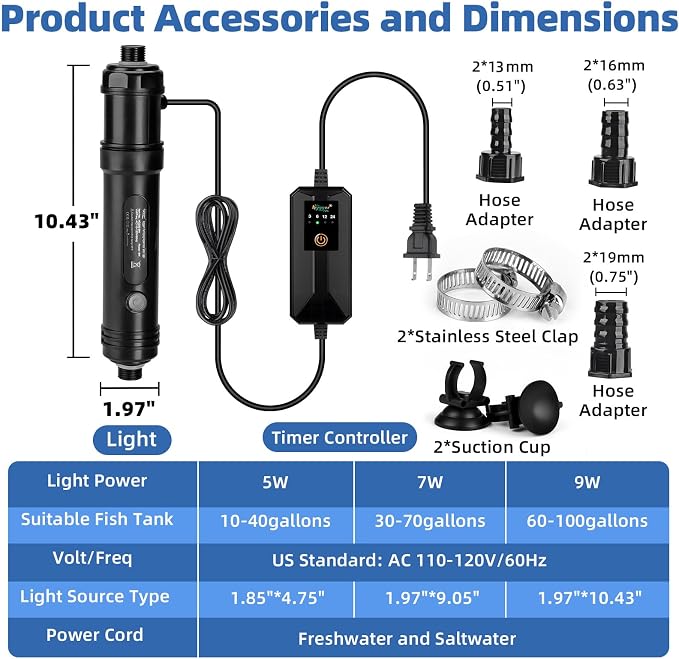 hygger 9W Aquarium U-V Light with Timer, 360° Protective Shield Clean Light for Crystal Clear Green Water, Submersible Fish Tank Cleaner for 60–100 Gallon Freshwater & Saltwater Aquariums