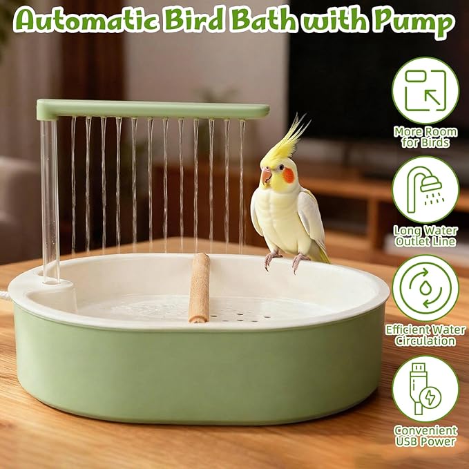 Parrot Shower for Cage, Automatic Parakeet Bird Bath with Circulating Water, USB Charging Quiet Pump Detachable Bathtub, for Small & Medium Birds Budgie, Cockatiel, Lovebird, Conure, Parrotlet, Quaker