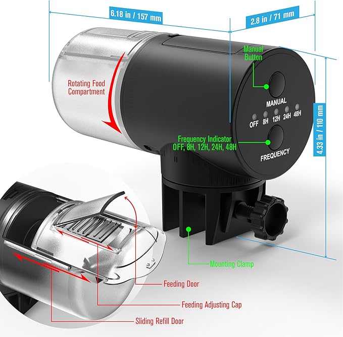 Automatic Fish Feeder for Aquarium, Vacation, 7, 14 Day Auto Food Dispenser with Timer, 200ml Large Capacity, Battery Powered, Ideal for Turtle/Fish Tank Aquarium Accessories, Batteries Included