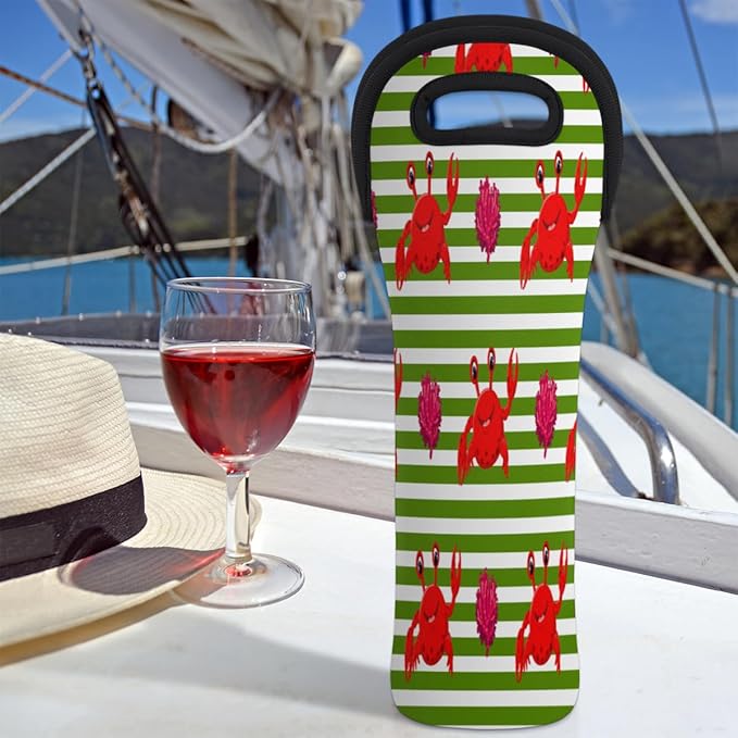 Red Crabs Stripes Wine Bag Single Bottle Wine Tote Bag Neoprene Wine Carrier Bags with Carry Handle Portable Wine Bottle Holder for Travel Party Picnic