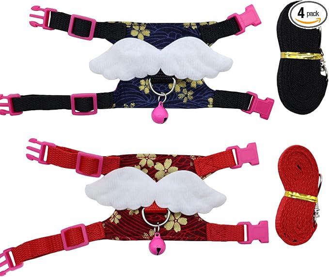 2 Pack Angel Wings Harness and Leash Set for Small Pets, Adjustable Soft Vest with Bell, Safe Outdoor Walking Adventure Gear, for Guinea Pigs Ferrets Hedgehogs Hamsters