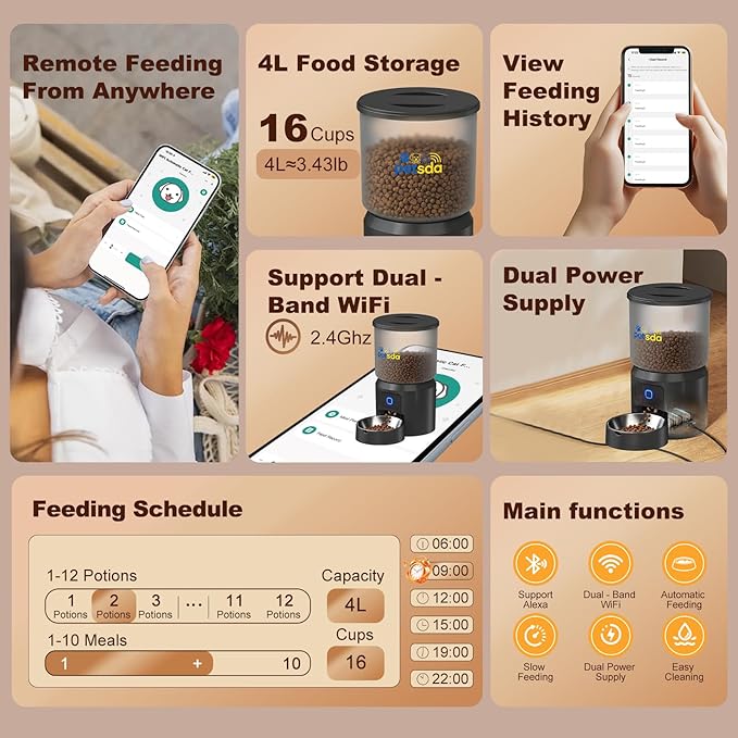Automatic Cat Feeders 4L Timed Dry Food Dispenser WiFi 10 Meals Programmable 1-12 Portion Per Day with APP Control Dual Power Supply with Stainless Bowl for Multi-Pet Easy Clean