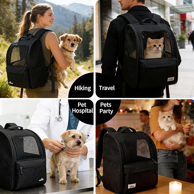 wakytu Cat Carrier Backpack,Steel Wire Frame More Stable,600D Wear-Resistant Oxford Fabric, Dog Carrier Cat Backpacks Suitable for Travel,Black