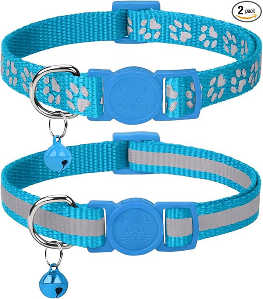 Taglory Reflective Cat Collar Breakaway with Bell, High Visibility Night Strip, Lightweight Adjustable Nylon Collar for Boy Girl Cats, 2 Pack, 7.5-12.5 Inch, Sky Blue