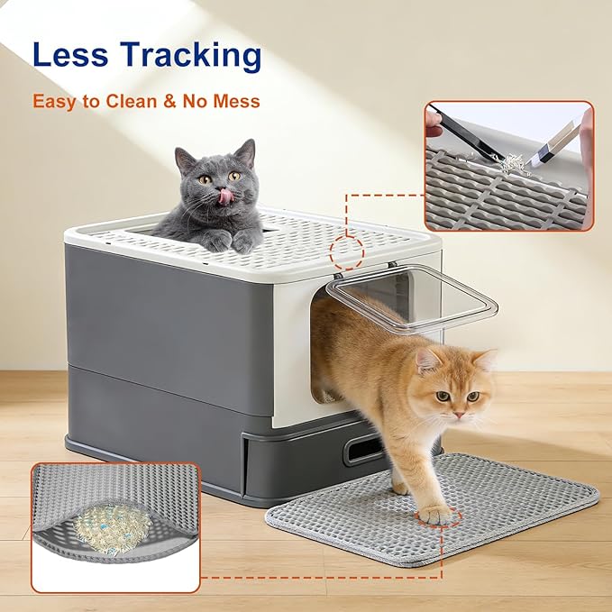 Marchul Stainless Steel Cat Litter Box with Lid & Drawer, Adjustable Front Entry Top Exit Kitty Box, Large Metal Covered Litter Box with Scoop & Litter Mat, Dark Gray