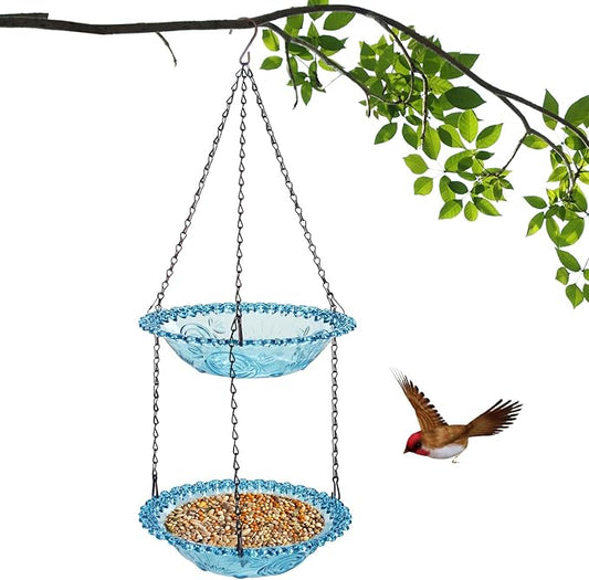 Bird Bath Hanging Seed Feeder Garden Plate Hanging Tray for Wild Backyard Attracting Birds (Blue-Doulbe Bath)