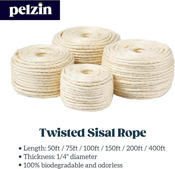 Pelzin Natural Sisal Rope for Cat Scratcher 1/4 Inch by 150 Feet, Cat Tree Rope Twine for Cat Scratching Post Replacement, Cat Tower with Scratch Post Repairing, Replace, Recovering and DIY, White